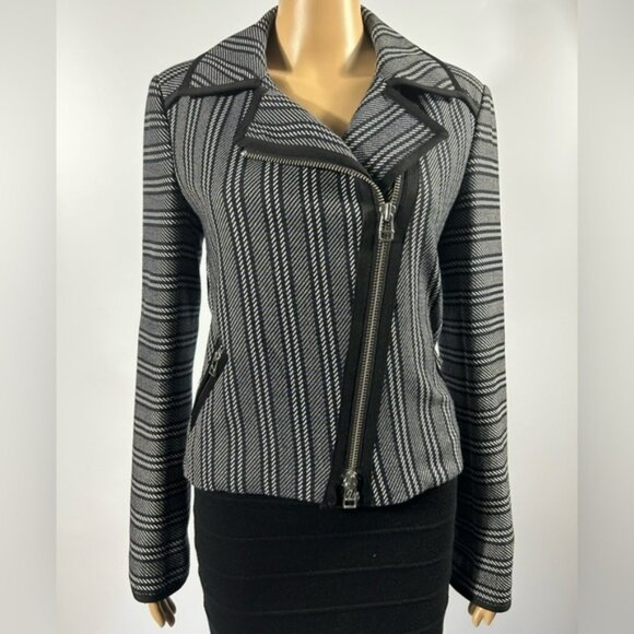 VERONICA BEARD Vertical Stripe Asymmetrical Moto in Navy And White Size 6 - Picture 3 of 10